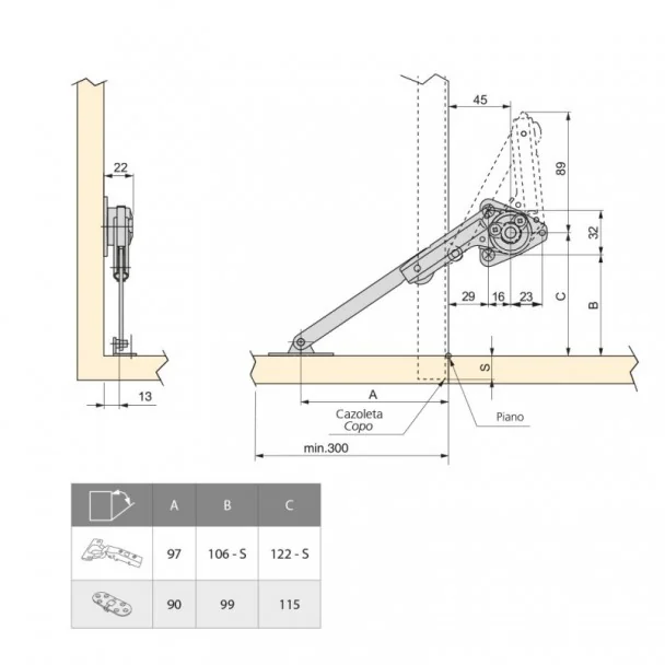 Compas pour Meubles avec Portes Rabattables 20-70 N kg x cm