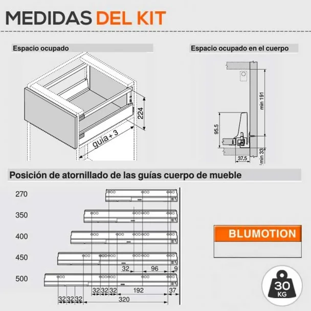 Bloc-Tiroir Gris 30 kg Blum Tandembox Antaro D pour Cuisine