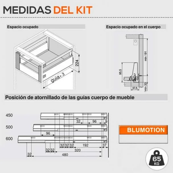 Bloc-Tiroir Intérieur Gris 65 kg Tandembox Antaro D pour Cuisine